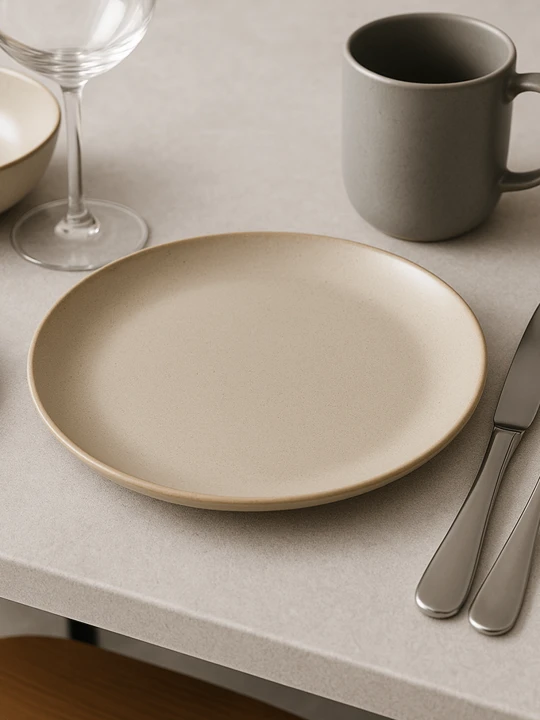 A matte, beige ceramic plate sits centered on a light grey countertop. The minimalist table setting includes a grey mug, silver cutlery, and an empty wine glass.