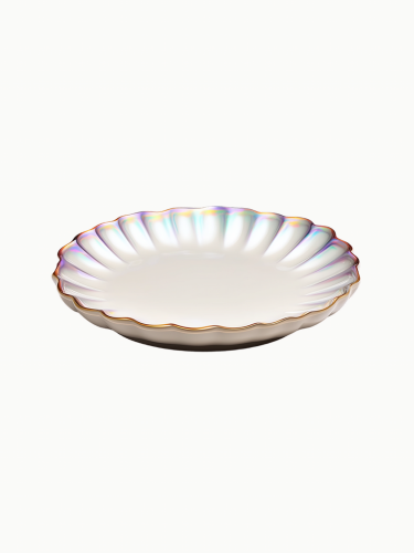 A round glass plate featuring a pleated, scalloped border with an iridescent, rainbow-like shimmer and a gold rim.
