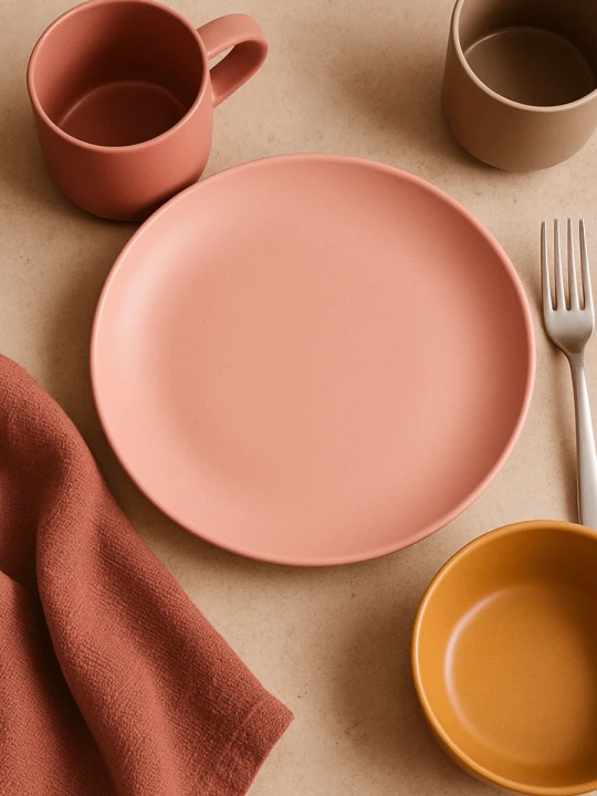 A top-down view of a matte, pastel pink ceramic plate centered on a beige surface. The warm-toned table setting includes a terracotta-colored mug, a mustard yellow bowl, a beige cup, a linen napkin, and a silver fork.