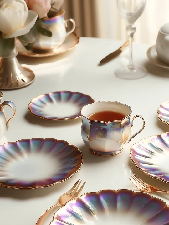 An elegant tea service with iridescent, pearlescent glaze finishes  on a bright white table. Next to a teacup there are matching scalloped plates and gold forks.